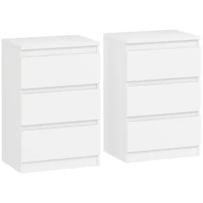 Set 2 nočnih omaric, bele, s 3 predali, stranski mizici za spalnico in dnevno sobo, 40×30×59,5 cm
