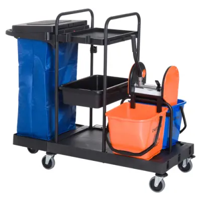Čistilni voziček s 4 kolesi, črn-modro-oranžen, profesionalni sistemski voziček, 111×63,3×103 cm, za učinkovito čiščenje