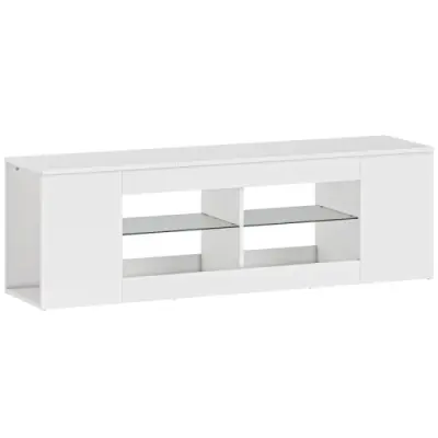 TV stojalo 140 cm, TV komoda, 6 predelkov, 2 stekleni polici, iverna plošča, bela