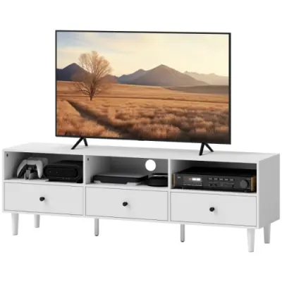 TV omarica Lowboard s predali, 3 odprti predelki, 140 cm, z urejanjem kablov, za TV do 75 palcev, bela, 140 x 34 x 45 cm, za dnevno sobo
