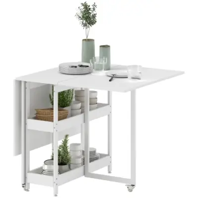 Zložljiva jedilna miza, bela, za 2–4 osebe, z 2 odprtima policama, premična kuhinjska miza za manjše prostore, 133,4×80×75 cm