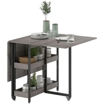 Zložljiva jedilna miza, siva, za 2–4 osebe, z 2 odprtima policama, premična kuhinjska miza za manjše prostore, 133,4×80×75 cm
