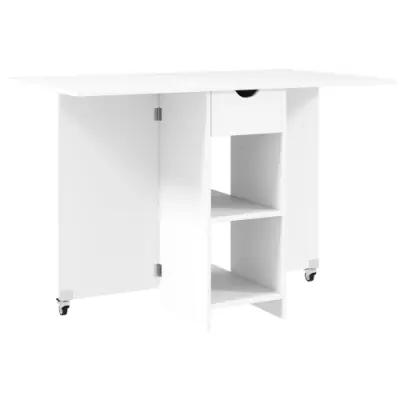 Zložljiva jedilna miza za 2-4 osebe, bela, z odprtimi policami in predalom, 114,5x70x75 cm, za majhne prostore
