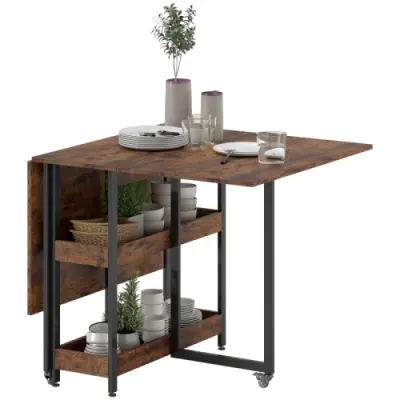 Zložljiva jedilna miza, rustikalno rjava, za 2–4 osebe, z 2 odprtima policama, premična kuhinjska miza za manjše prostore, 133,4×80×75 cm