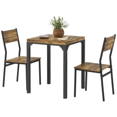 3-delni jedilni set, miza in 2 stola, MDF in kovina, rjav, za jedilnico in kuhinjo