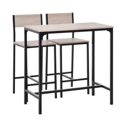 3-delni barski set, naravna barva+črna, sestavljen iz barske mize in 2 stolov, MDF, 89×45×87 cm, za kuhinjo in jedilni prostor