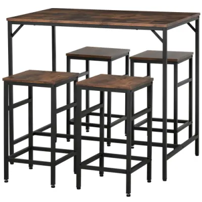 Barski set z mizo in 4 barskimi stoli, 5-delni komplet za kuhinjo, iverna plošča in jeklo, rustikalno rjava in črna, 100x60x88 cm