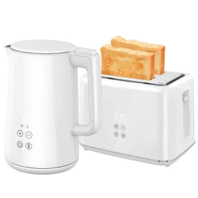 Komplet grelnika vode in toasterja 1,5 L, bel, 2200 W, 7 stopenj zapečenosti, LED zaslon, odtaljevanje