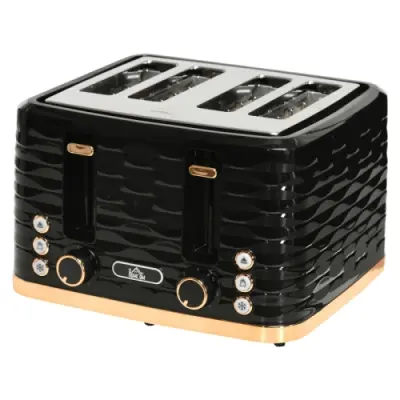 Toaster za 4 rezine, črn, valovit dizajn, več funkcij, odstranljiv pladenj za drobtine, elegantni videz