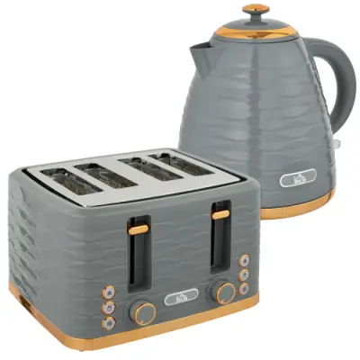 Komplet za zajtrk, grelnik vode 1,7 L in toaster za 4 rezine, siv, 3000 W, 7 stopenj zapečenosti, odtaljevanje in pogrevanje