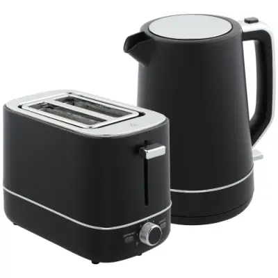Set grelnika vode in opekača 1,7 L 2200 W, črn, 2-rezinski toaster, 6 stopenj zapečenosti, filter proti vodnemu kamnu, funkcija odmrzovanja in pogr