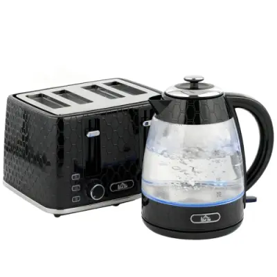 Komplet grelnika vode 1,7 L in toasterja za 4 rezine, črn, 2200 W, filter proti vodnemu kamnu, hitro kuhanje
