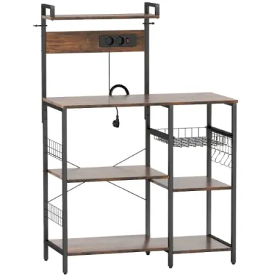 Kuhinjski regal 5 polic, košara, 5 S kljuk, 2 vtičnici, jeklo z X oporami, 90x42x130 cm, stoječi regal