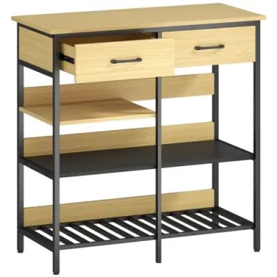 Komoda s 2 predaloma in 3 odprtimi policami, naravni les, 90x40x91 cm, za kuhinjo in dnevno sobo