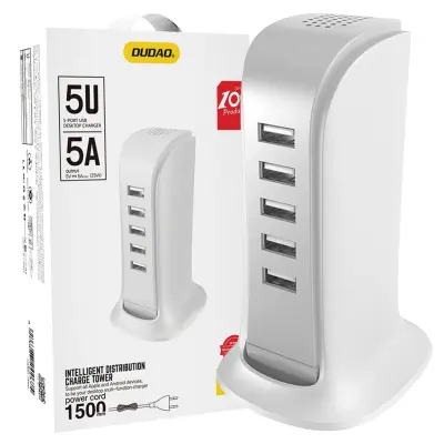 DUDAO ŁADOWARKA SIECIOWA 5X USB Z WBUDOWANYM KABLEM SIECIOWYM EU BIAŁY (A5EU)