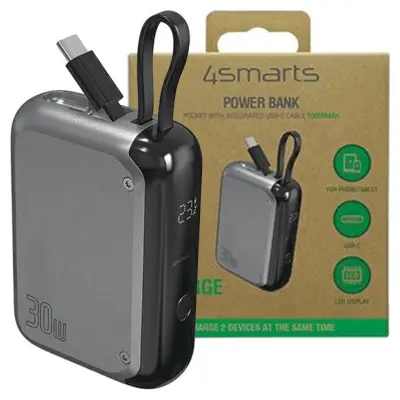4SMARTS POLNILNICA 10000 MAH 30 W ZA TELEFONE Z VGRAJENIM USB-C KABLOM 15 CM