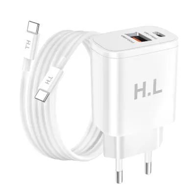 Polnilnik Spletni Dvojni Vhod USB-A in USB-C 20W s Kablom USB-C na USB-C, Bela