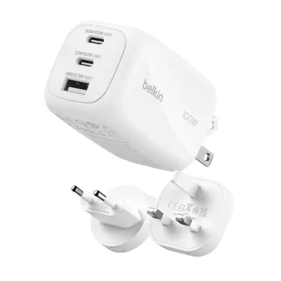 Belkin, GaN napajalnik 5 A, 100 W z 2 priključkoma USB-C in USB-A, združljiv s standardoma PD 3.0 in PPS, Bela