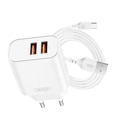 XO, Omrežni polnilec 2x USB-A 12W in univerzalni kabel Micro-USB, Bela