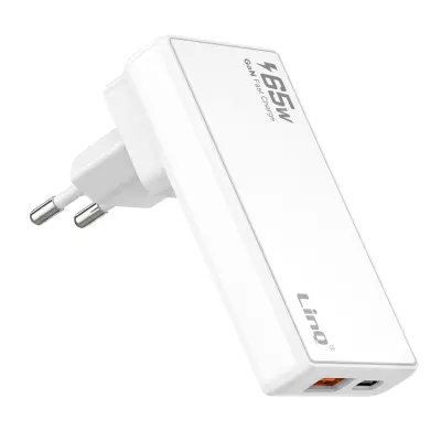 LinQ, Potovalni polnilec GaN 65W z vrati USB-C / USB in zamenljivimi vtiči, Bela