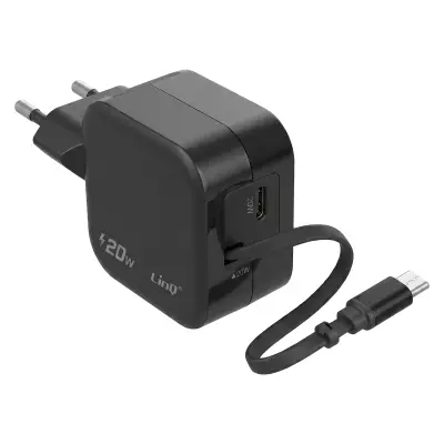 LinQ, Žepni polnilnik USB-C 20W z zložljivim kablom in vrati USB-C, Črna
