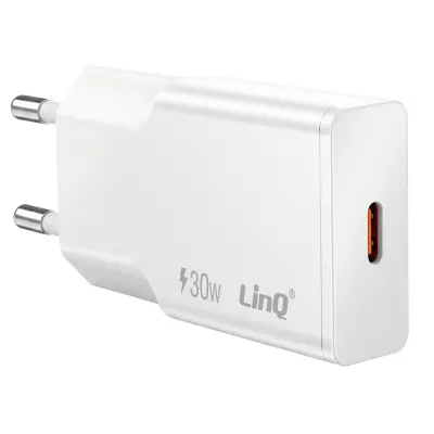 LinQ, Extra Ploščati Omrežni Polnilnik z Vrati USB-C Power Delivery 30W, Bela
