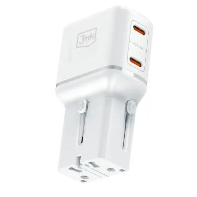 3mk, Potovalni Polnilnik Gan 2x USB-C 45W Z Mednarodnimi Vtikači, Bela