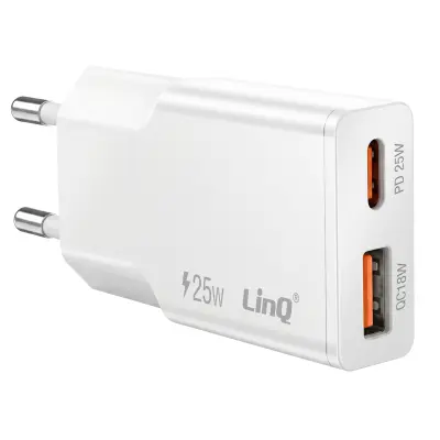 LinQ, Extra Ploščati Omrežni Polnilnik z Dvojnimi Vrati USB-C in USB 25W, Bela