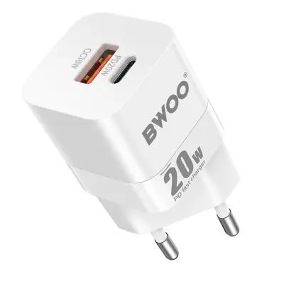 Bwoo, Univerzalni Hitri Omrežni Polnilnik Dvojna Vrata USB-C in USB 20W, Bela