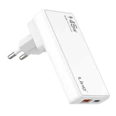 LinQ, Potovalni polnilnik GaN 45W z vrati USB-C / USB in zamenljivimi vtikači, Bela