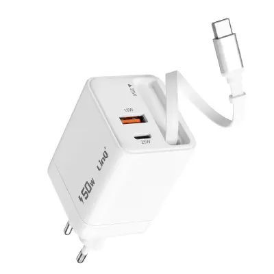 LinQ, Omrežni polnilnik PPS 50W z izvlečnim kablom / Vrata USB-C / USB-A, Bela