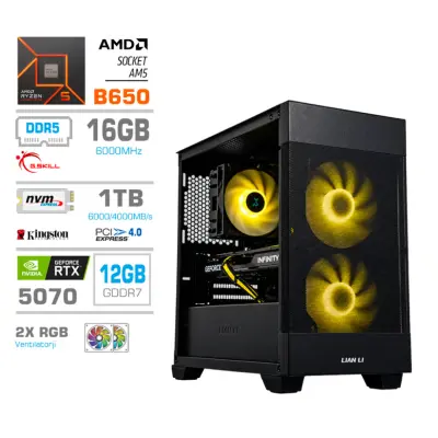 Računalnik MEGA MT S7X R5-9600X/RTX5070/16GB-DDR5/1TB/750W/Brez OS/črna RGB + Estetski napajalni kabli [Rumena / Črna]
