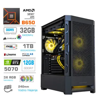 Računalnik MEGA MT S8 R7-9700X/RTX5070/32GB-DDR5/1TB/750W/Brez OS/črna RGB + Estetski napajalni kabli [Rumena / Črna]