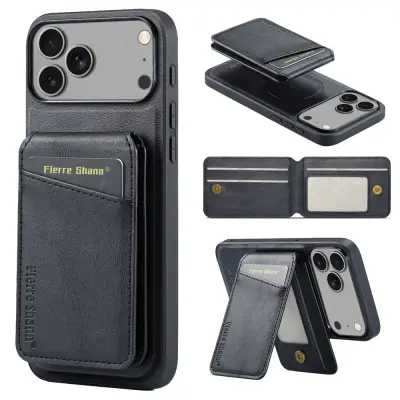 Odprta emb - Ovitek za iPhone 18 Pro kovček,magnetni Magsafe pokrov telefona s PU usnjenim 2-v-1 držalom denarnice z režami za kartice - črna
