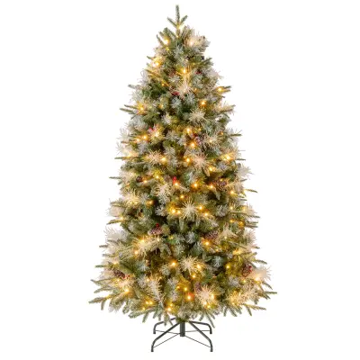 Umetno božično drevo, visoko 180 cm, posuto s snegom, 270 LED-lučk, storži in jagode – zeleno