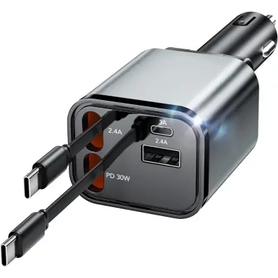 Zložljiv avtopolnilnik z 2 USB-C izhodoma, 50 W in razširitvijo 2+2