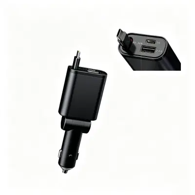 Avtomobilski polnilnik s 3 priključki, PD 30 W, izvlečni kabel Black