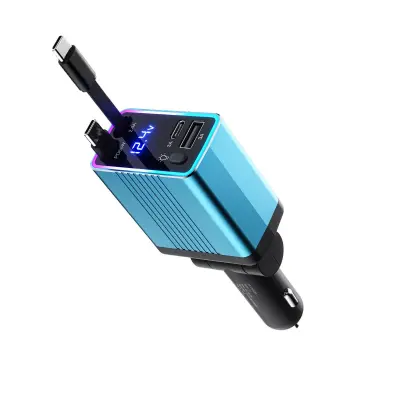 Avtomobilski polnilnik 120 W z dvojnim Type-C in izvlečnim kablom Blue