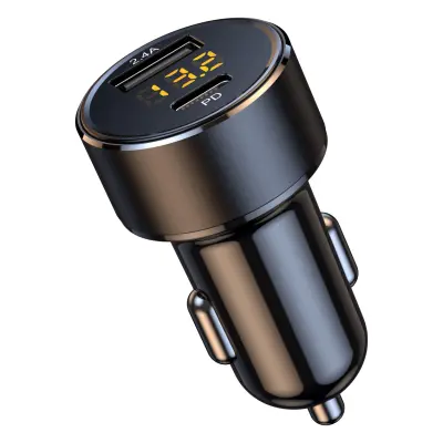 Dvojni USB avtopolnilec s Type-C 18W in LED voltmetrom