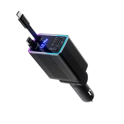 Avtomobilski polnilnik 120 W z dvojnim Type-C in izvlečnim kablom Black