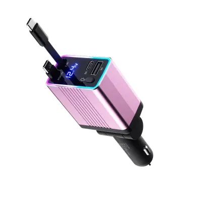 Avtomobilski polnilnik 120 W z dvojnim Type-C in izvlečnim kablom Pink
