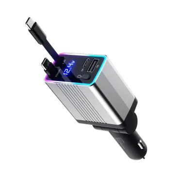 Avtomobilski polnilnik 120 W z dvojnim Type-C in izvlečnim kablom Silver