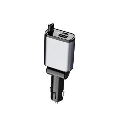 Avtomobilski polnilnik s 3 priključki, PD 30 W, izvlečni kabel Silver