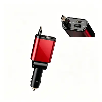 Avtomobilski polnilnik s 3 priključki, PD 30 W, izvlečni kabel Red