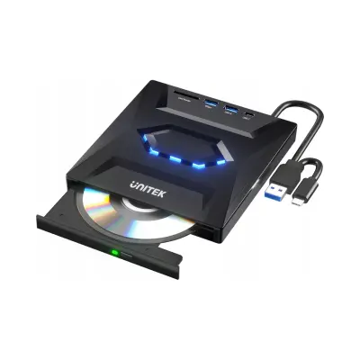 Zunanji DVD/CD zapisovalnik Unitek T1037A01 z USB hubom in bralnikom SD kartic