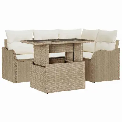 vidaXL Zunanja jedilnica z blazino 5 pcs Bež Poly ratan