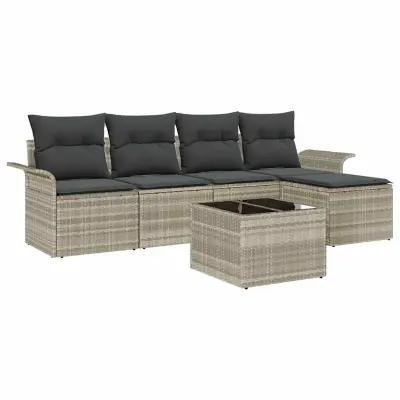vidaXL Zunanji kavč z blazino 6 pcs Svetlo siva poli ratan