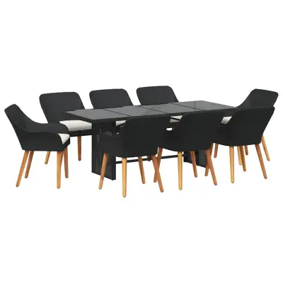 vidaXL Komplet za jedilnico v vrtu z blazino 9 pcs Črna poli ratan