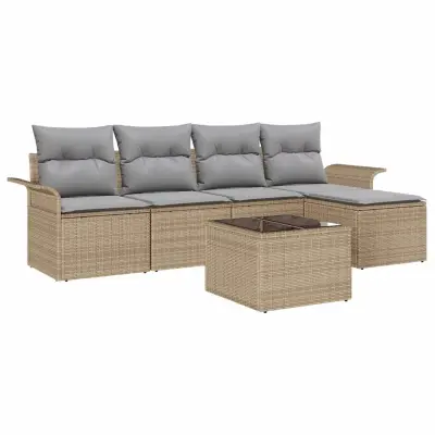 vidaXL Zunanji kavč z blazino 6 pcs Bež poli ratan