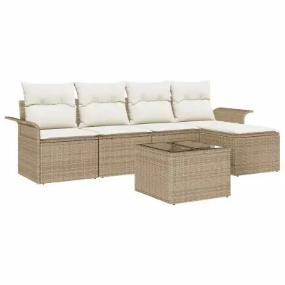 vidaXL Zunanji kavč z blazino 6 pcs Bež poli ratan